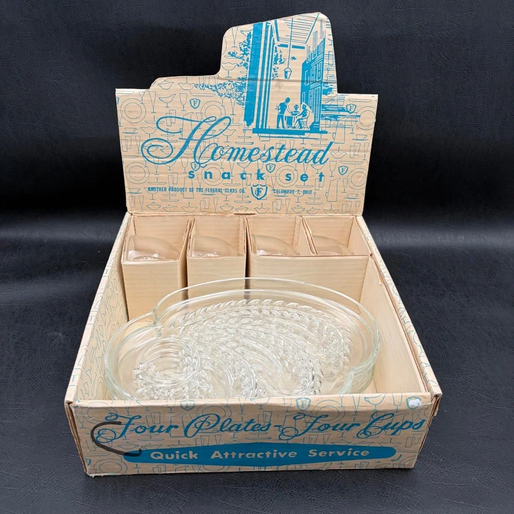 Vintage Federal Glass Homestead Snack Set 4 Plates 4 Cups Clear Wheat Pattern